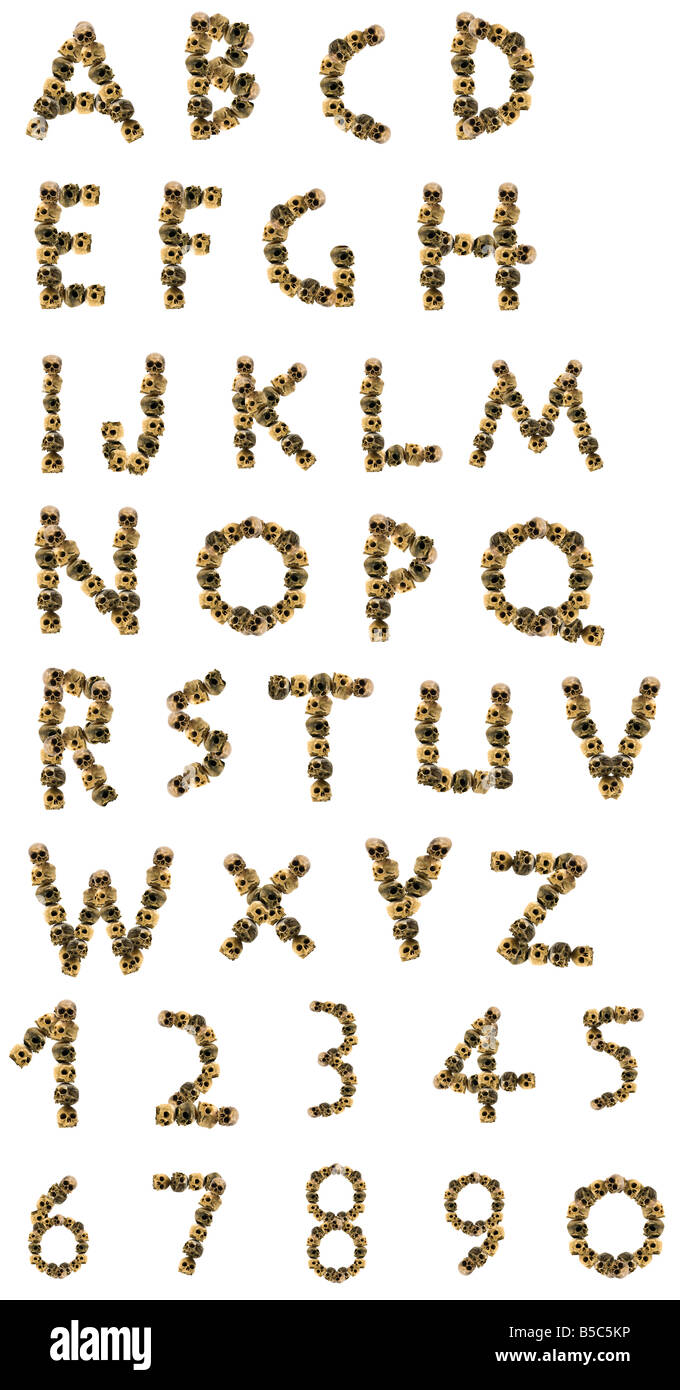 Font isolato realizzato con teschi dalla A alla Z e numeri Foto Stock