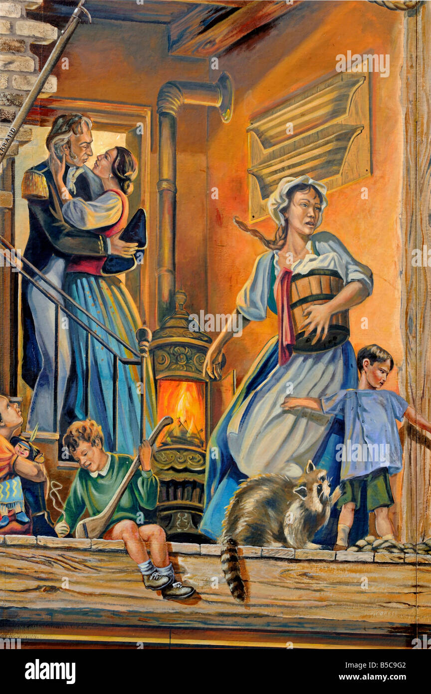 Estratto dall'Petit-Champlain affresco, progettato da Murale Création, quartiere storico della città di Québec, Canada Foto Stock
