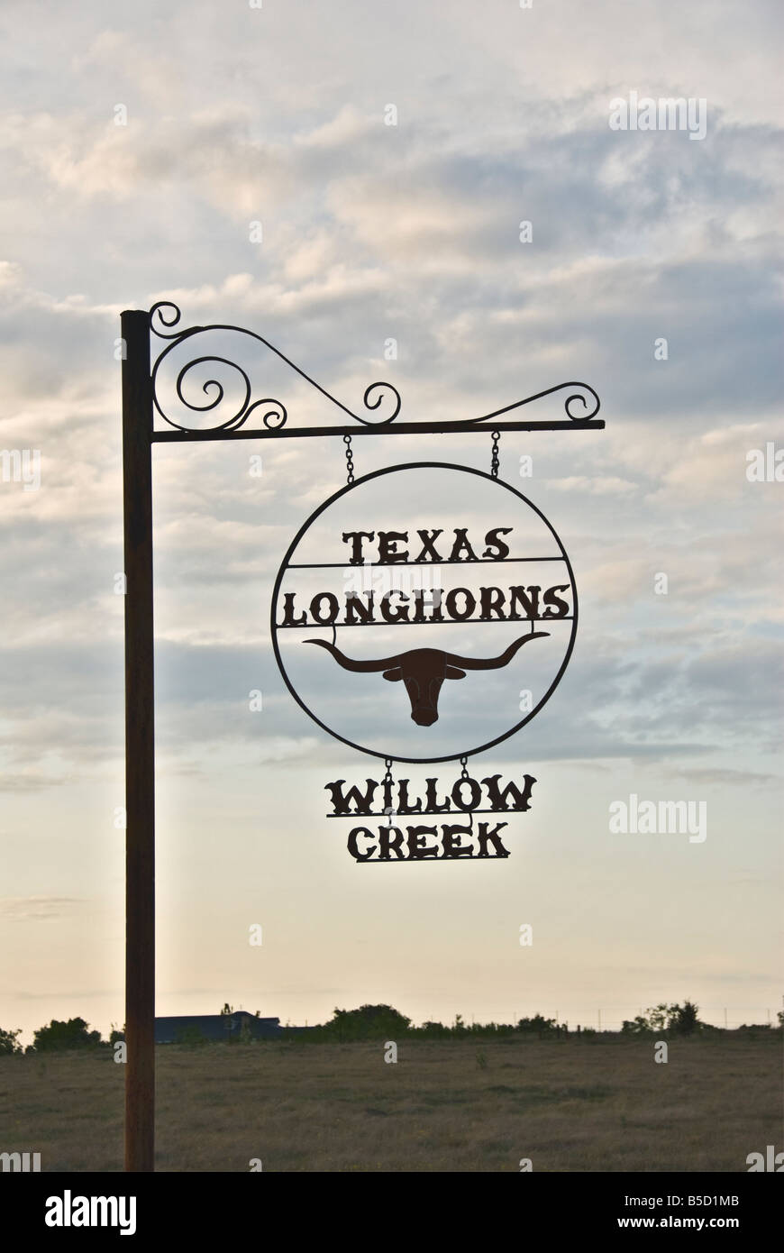 Texas Hill Country Texas Longhorns Willow Creek ranch di bestiame segno Foto Stock
