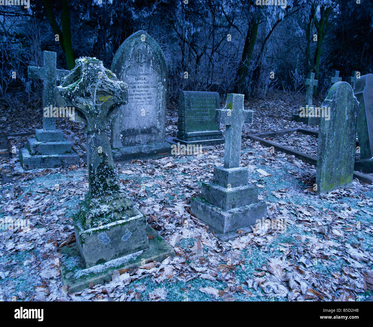 La brina sulle lapidi in un cimitero in inverno a Ossington Nottinghamshire M Mawson Foto Stock