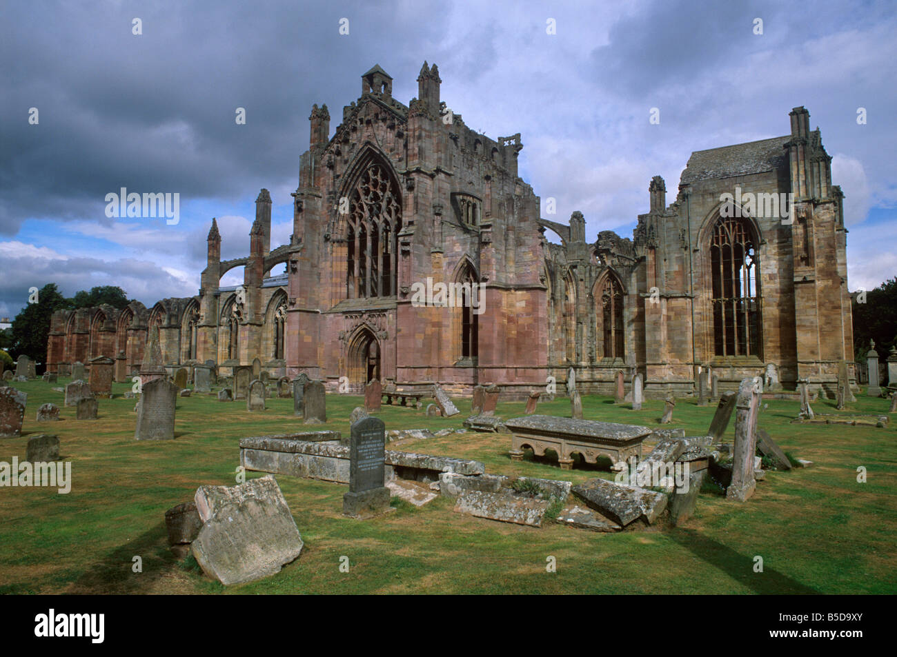 Melrose Abbey, luogo di sepoltura del cuore di Robert the Bruce, Melrose, Scottish Borders, Scozia Foto Stock