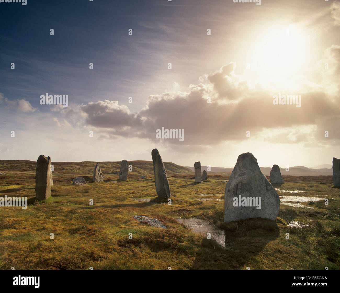 Callanish (Callanais) pietre permanente, eretto dal popolo neolitico, isola di Lewis, Ebridi Esterne, Scozia Foto Stock