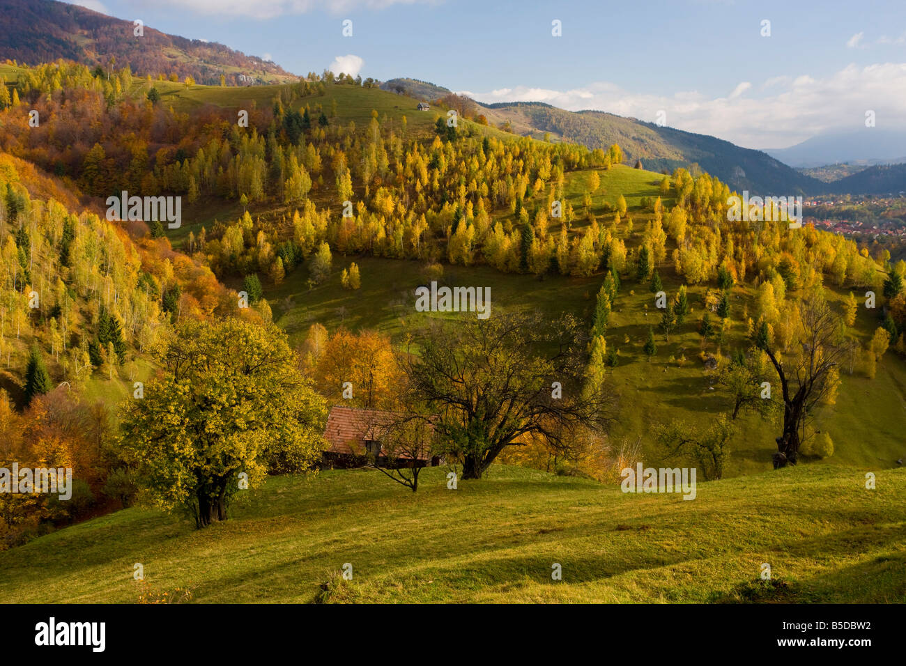 Bella pastorale paesaggio montano con agricoltura tradizionale in Piatra Criaulu montagne autunno Romania Foto Stock