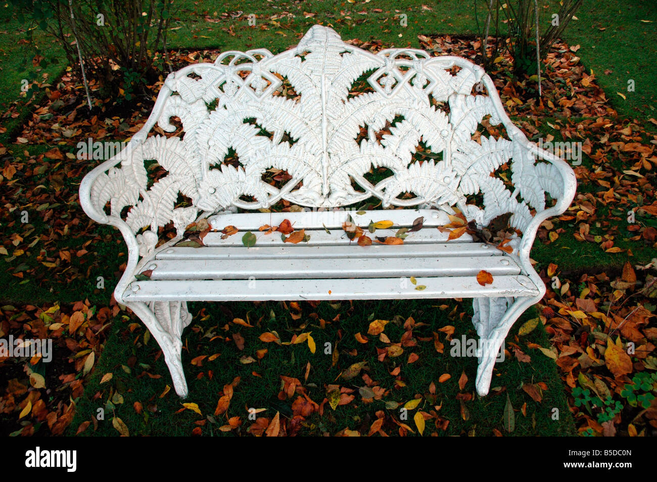 Un antico panchina da giardino condito con e circondato da caduta foglie di autunno. Foto Stock