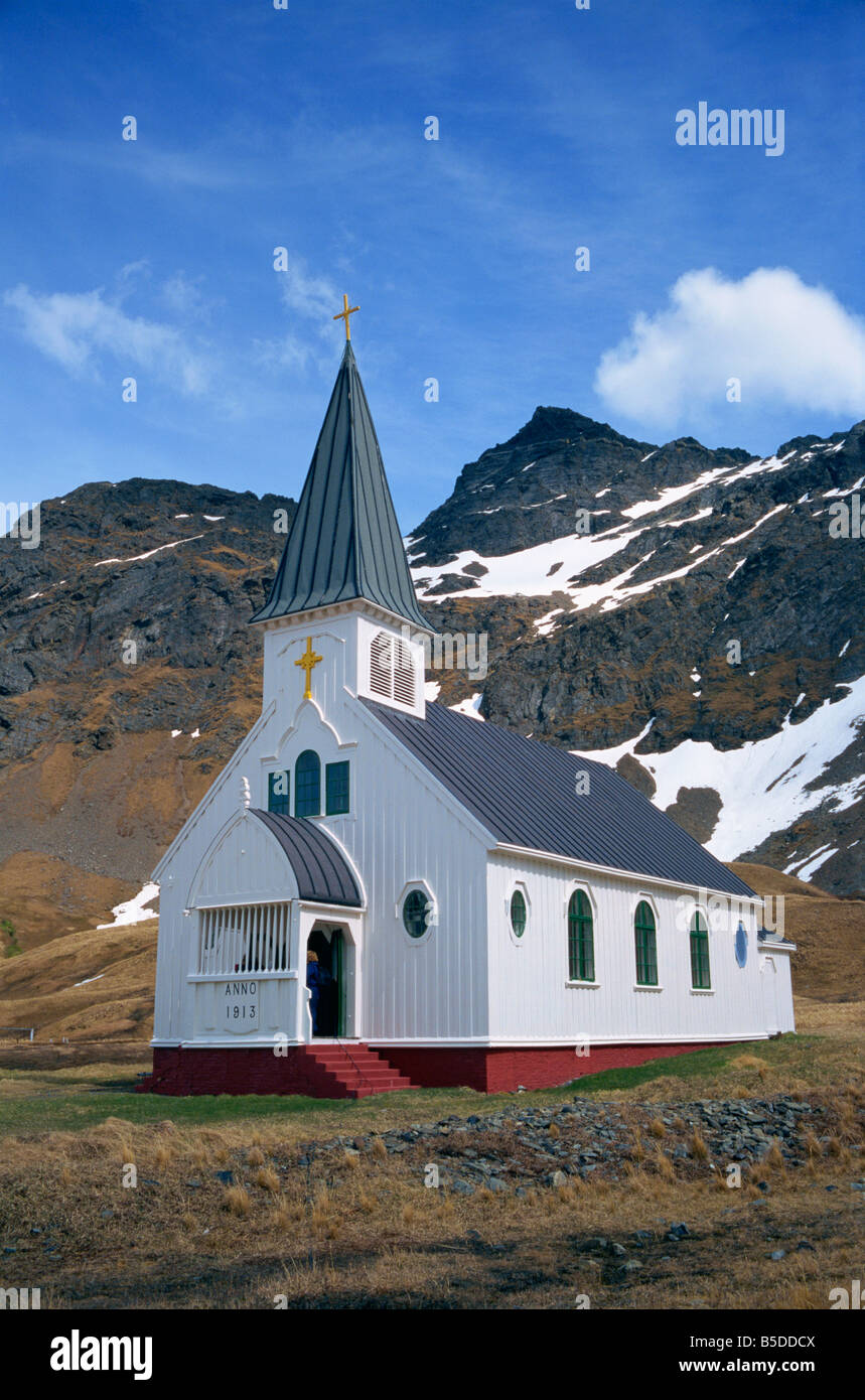 Bianco chiesa in legno con la guglia a Grytviken sulla Georgia del Sud Atlantico del Sud G Renner Foto Stock