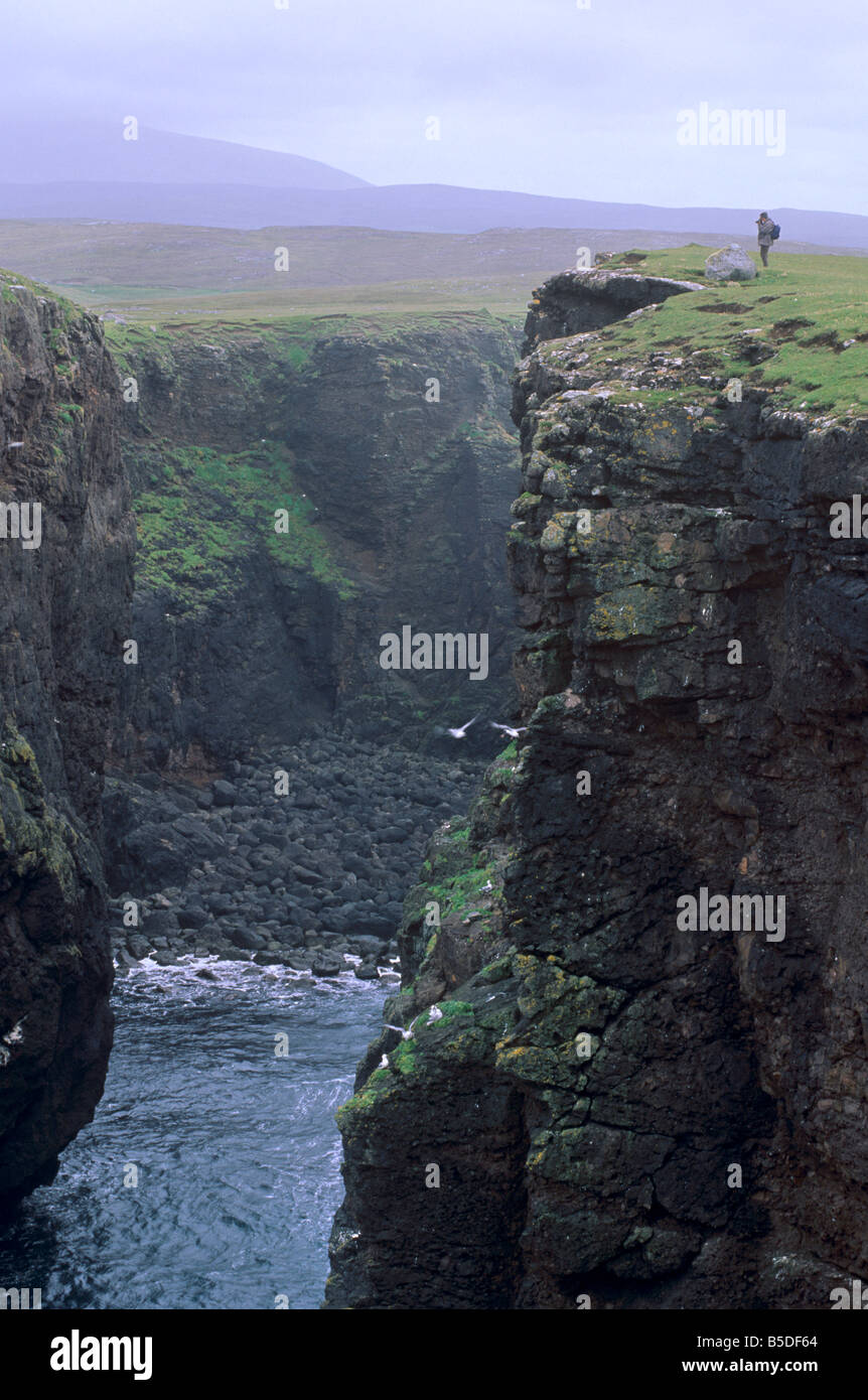 Eshaness rocce basaltiche, Calder's Geo, soffiature e pile, Northmavine, isole Shetland, Scozia Foto Stock