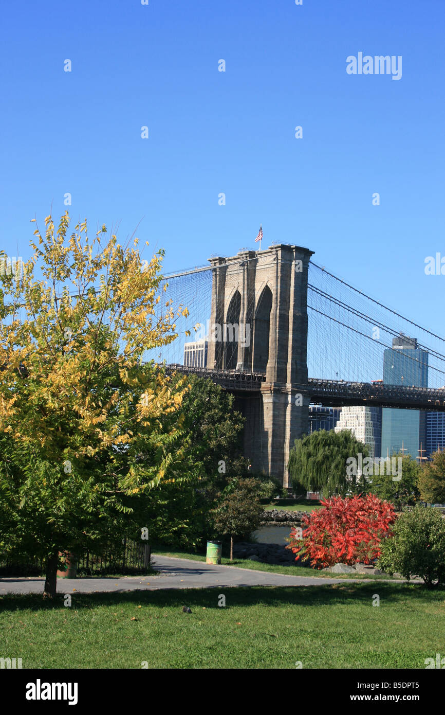 Fogliame lungo la East River. Il Ponte di Brooklyn e la parte inferiore di Manhattan in background. Foto Stock