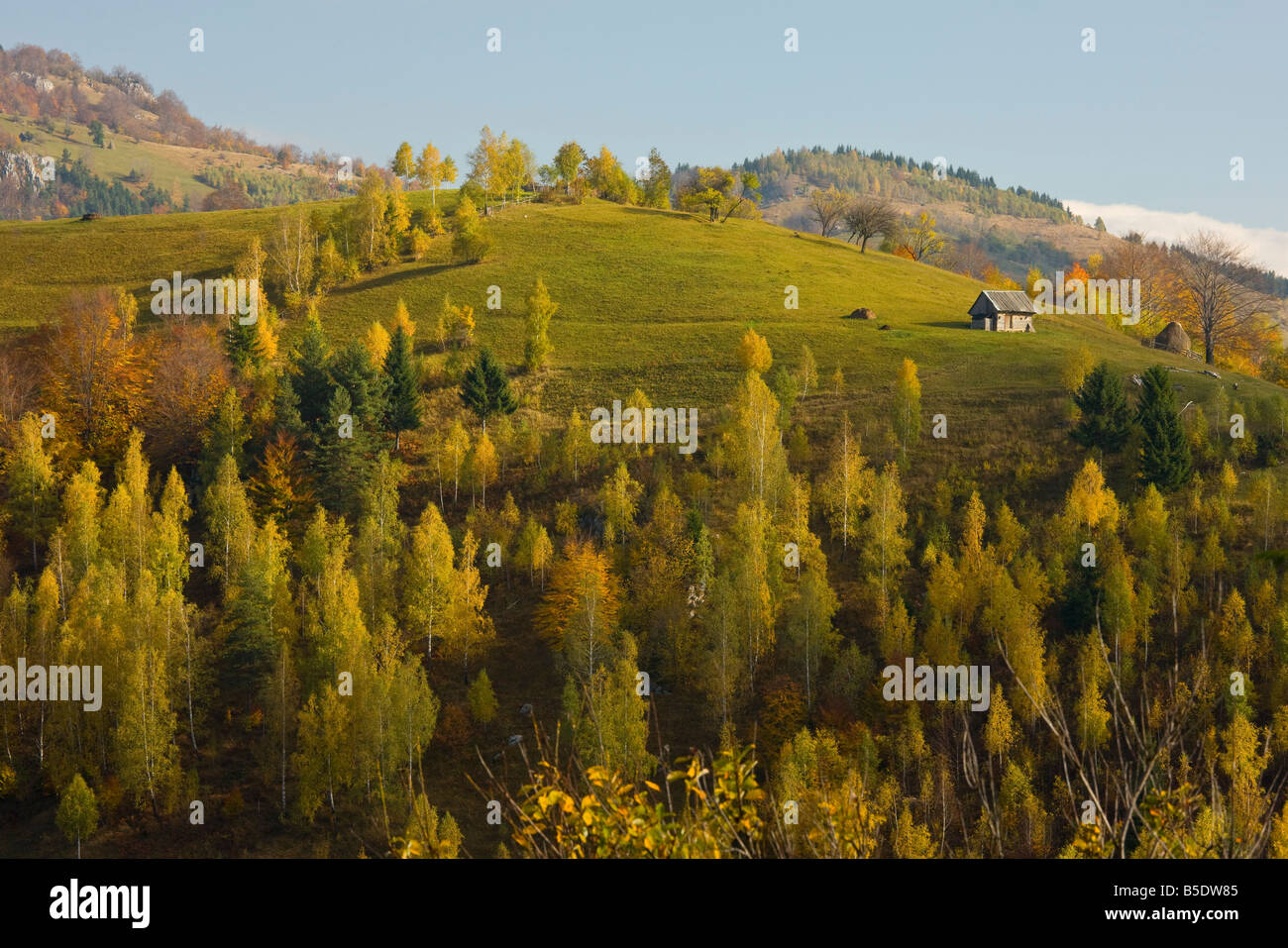 Bella pastorale paesaggio montano con agricoltura tradizionale in Piatra Criaulu montagne autunno Romania Foto Stock