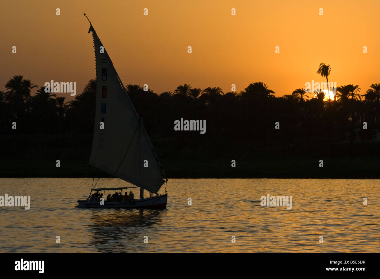 Felucca barca a vela al tramonto sul fiume Nilo in Egitto Luxor Foto Stock