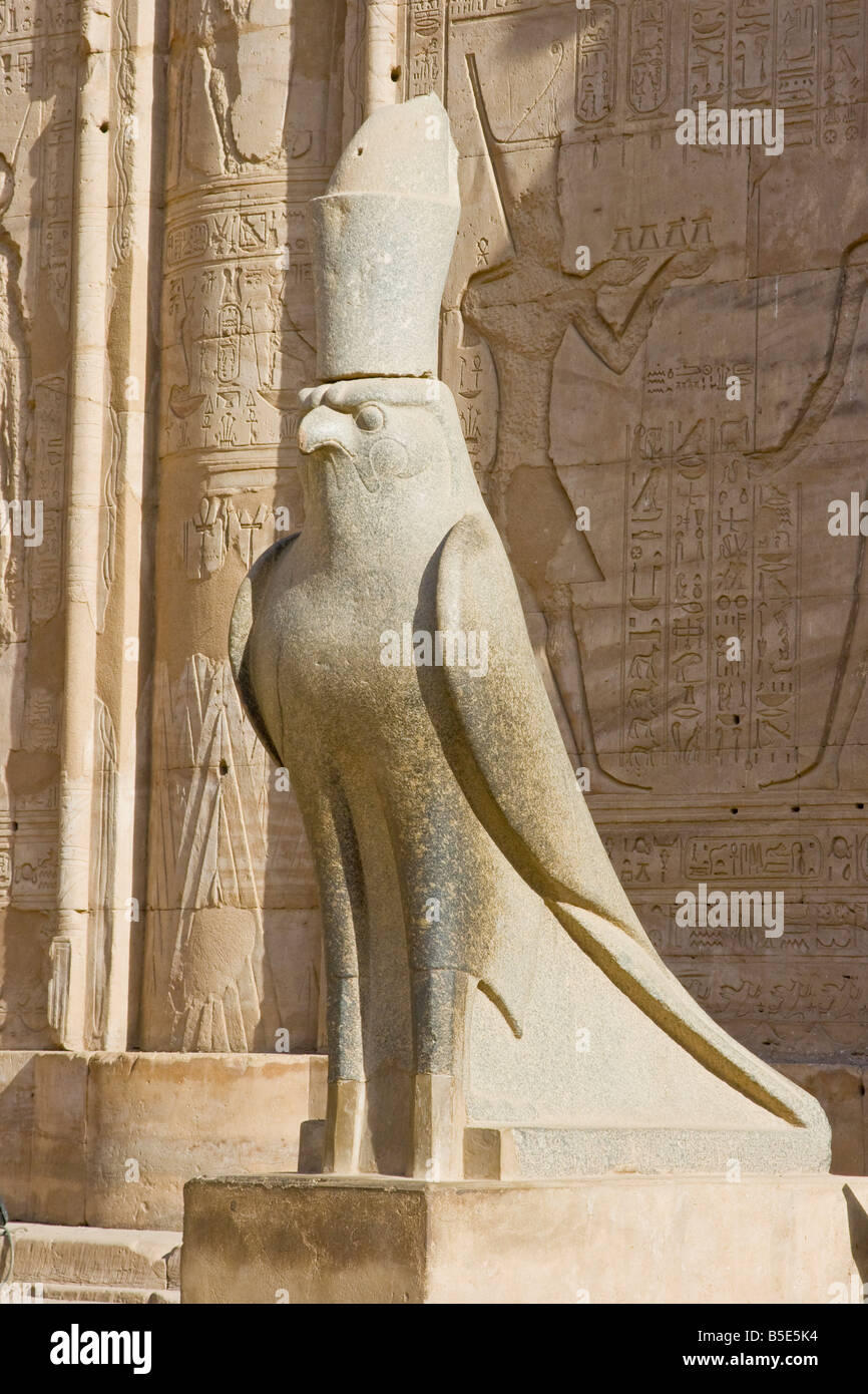 Statua del dio egizio Horus presso il Tempio di Horus in Edfu Egitto Foto Stock