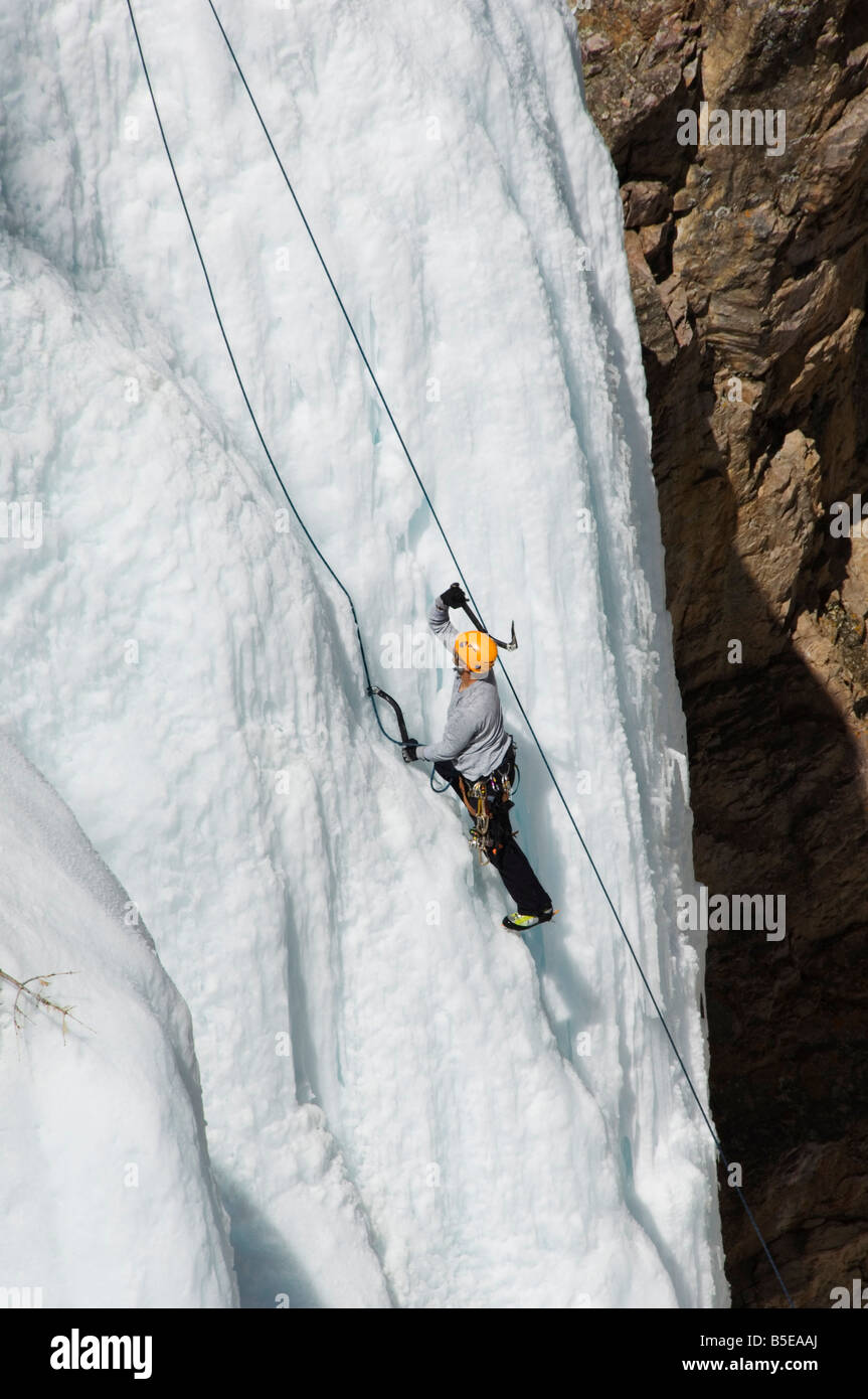 Arrampicata su ghiaccio al Parco di ghiaccio, la casella Canyon, arrampicata capitale degli Stati Uniti d'America, Ouray, Colorado, Stati Uniti d'America, America del Nord Foto Stock