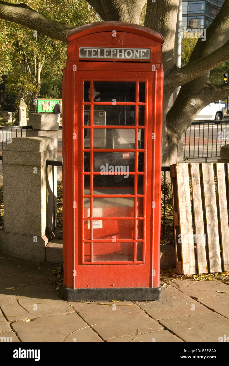 Una immagine di un telefono rosso nella casella, in piedi davanti a un vecchio albero a Londra lungo il Tamigi pathway Foto Stock