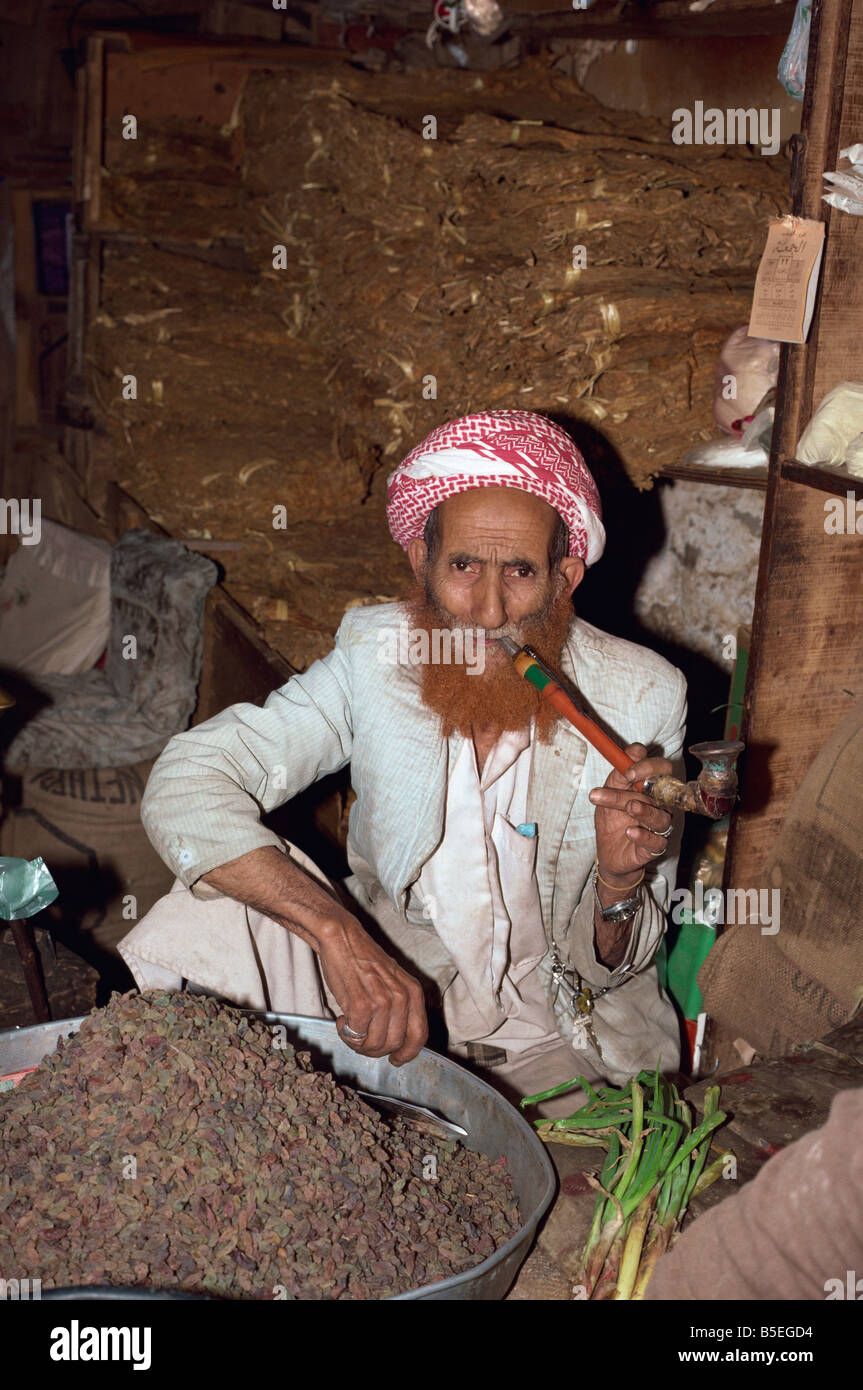 Ritratto di un anziano negoziante di henna barba tinti, fumare una tubazione, Djiblah, Yemen, Medio Oriente Foto Stock