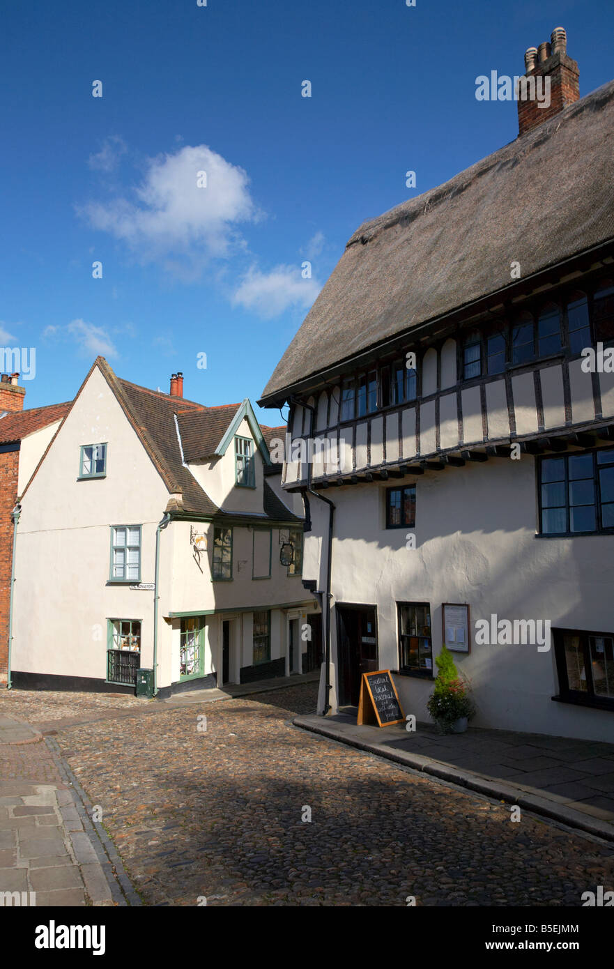 Le strade di ciottoli e gli edifici di vecchia costruzione di Elm Hill Norwich guardando verso il Monastero Foto Stock