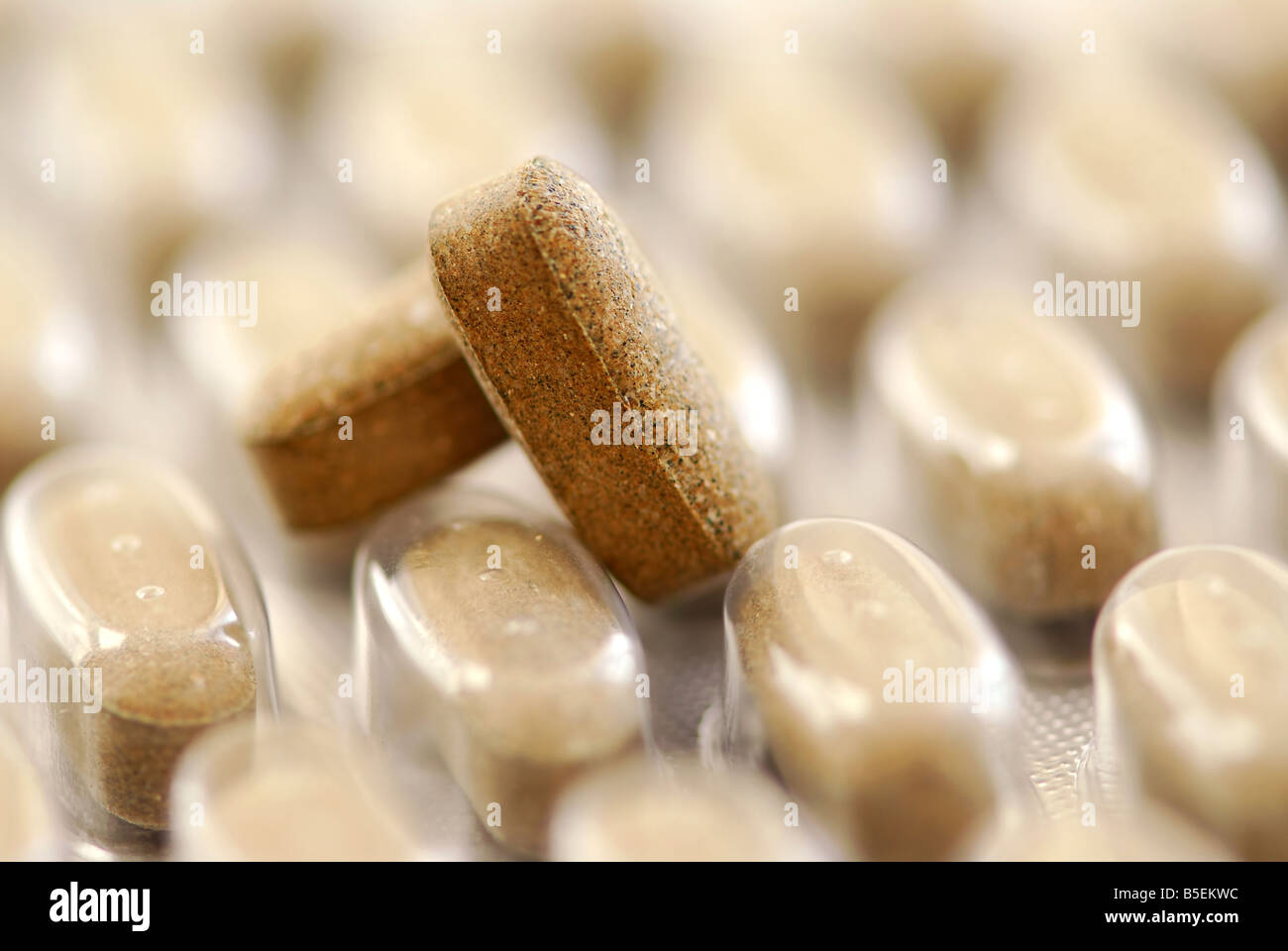 Le pillole a base di erbe e pacchetto di supplemento a base di erbe close up Foto Stock