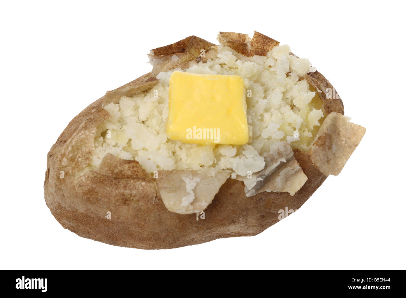 Patate al forno con burro intaglio su sfondo bianco Foto Stock