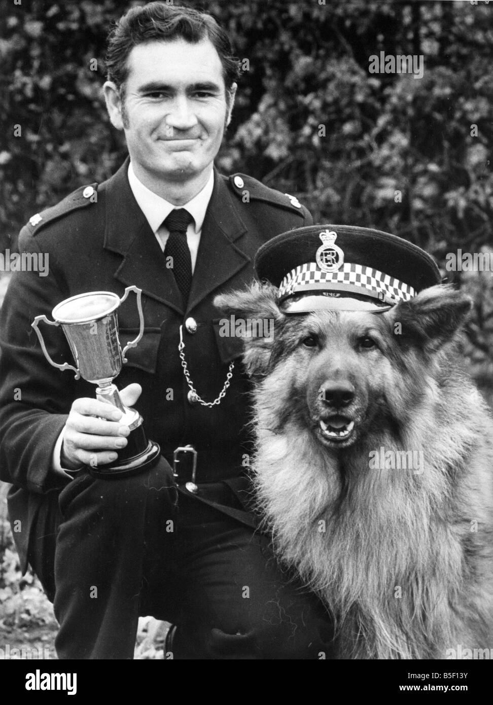 La polizia cane Sam con Bob handler Shotton e le loro trophy Foto Stock