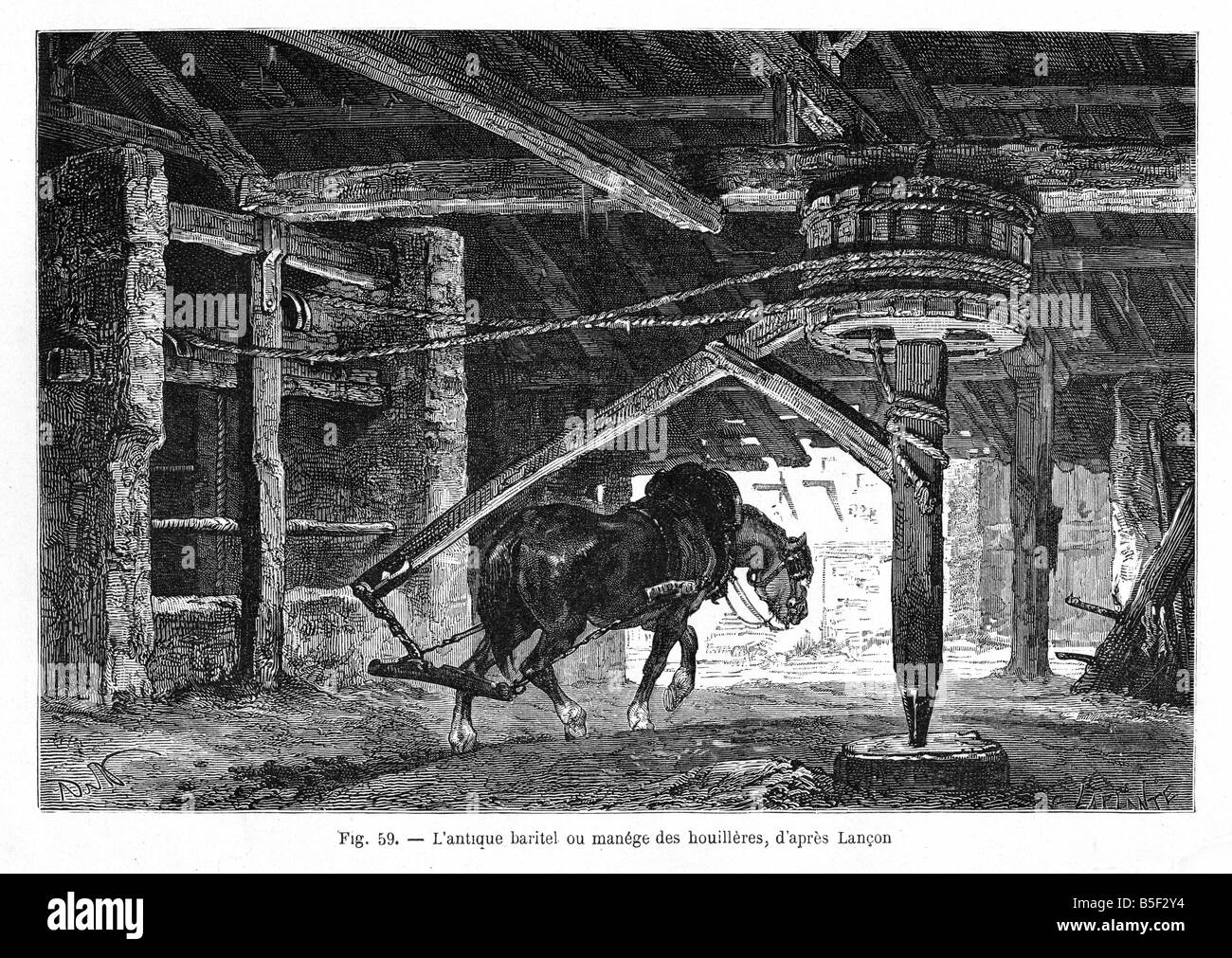 Pit Pony sul lavoro 1866 incisione di pony lavorando il sollevamento verso il basso il mio albero in un francese di miniera di carbone Foto Stock