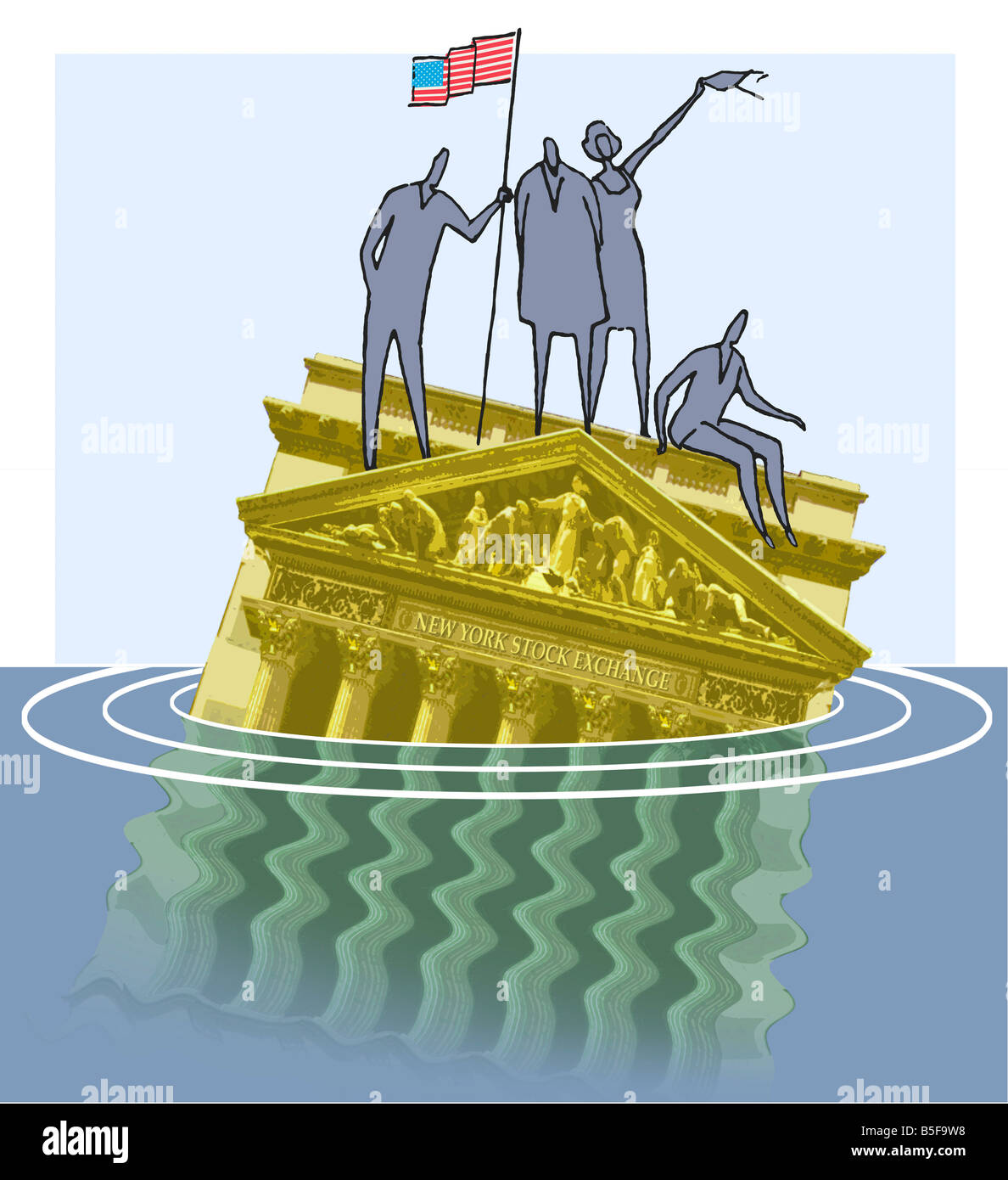 Quattro persone in piedi sul tetto dell'annegamento di New York Stock Exchange building Foto Stock