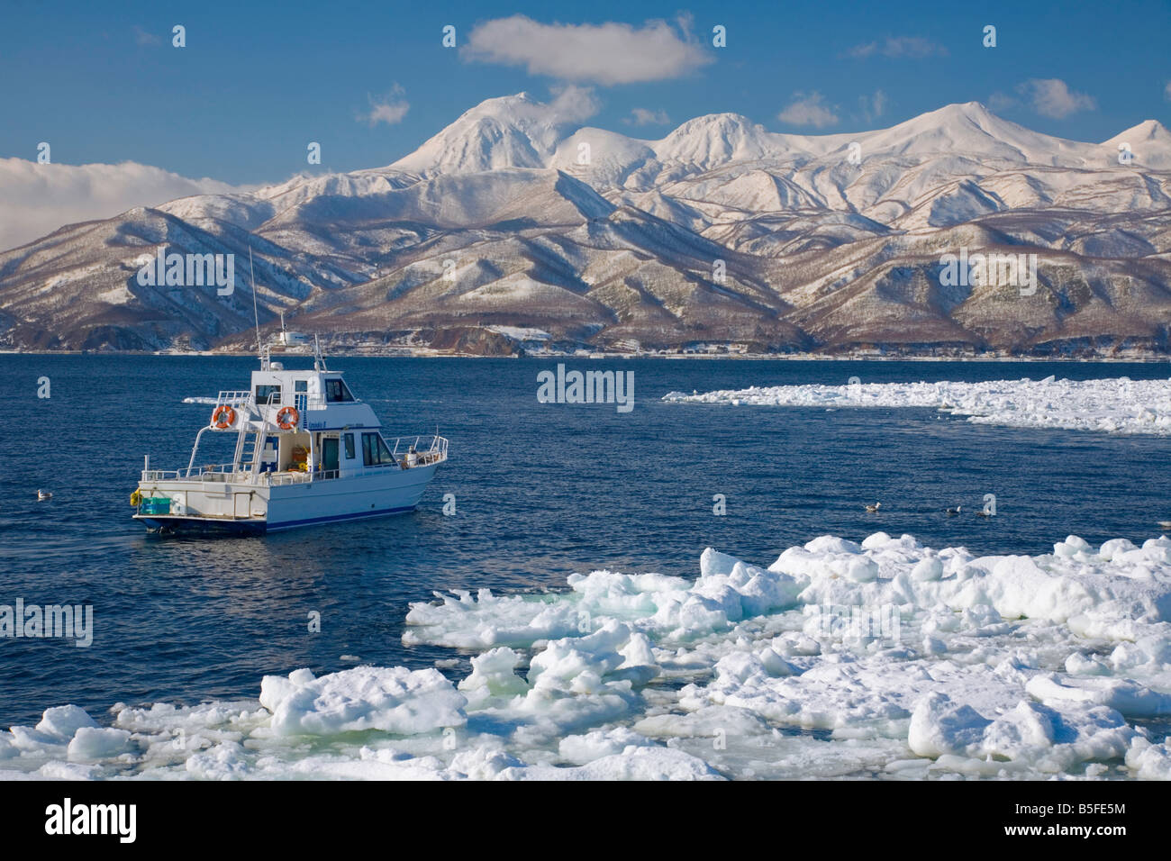 Hokkaido in Giappone: Ice floes nello stretto di Nemuro con le montagne coperte di neve della penisola di Shiretoko a distanza Foto Stock