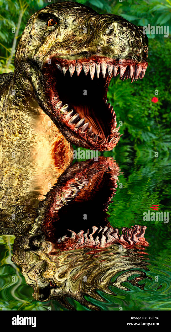 Preistoria Tyrannosaurus rex guadare in lago Foto Stock