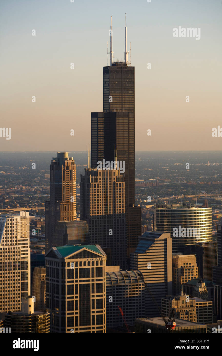 Una vista della Sears Tower e Chicago Downtown da John Hancock Center observatory Foto Stock