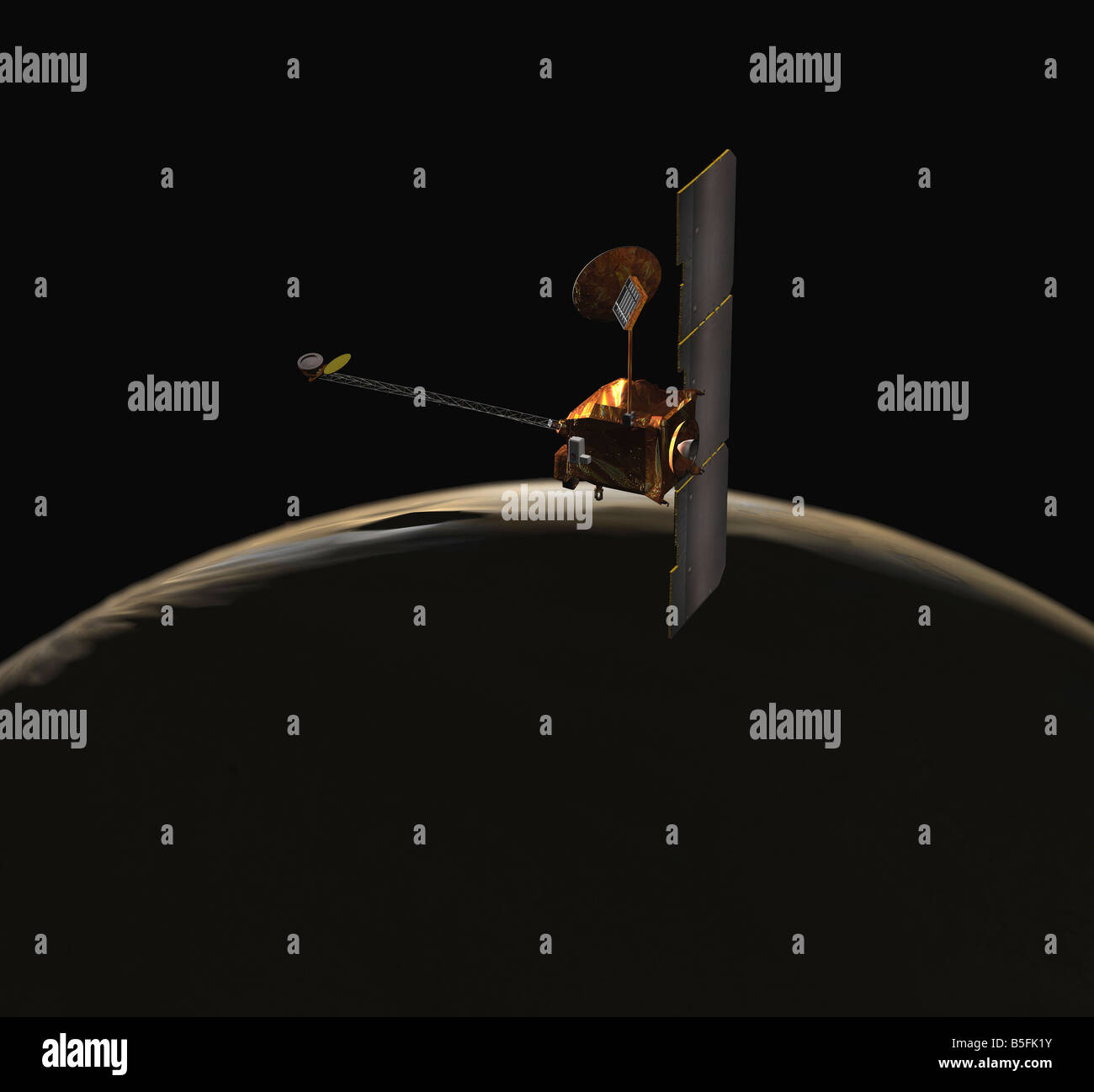 La Mars Odyssey navicella spaziale su Marte. sunrise Foto Stock