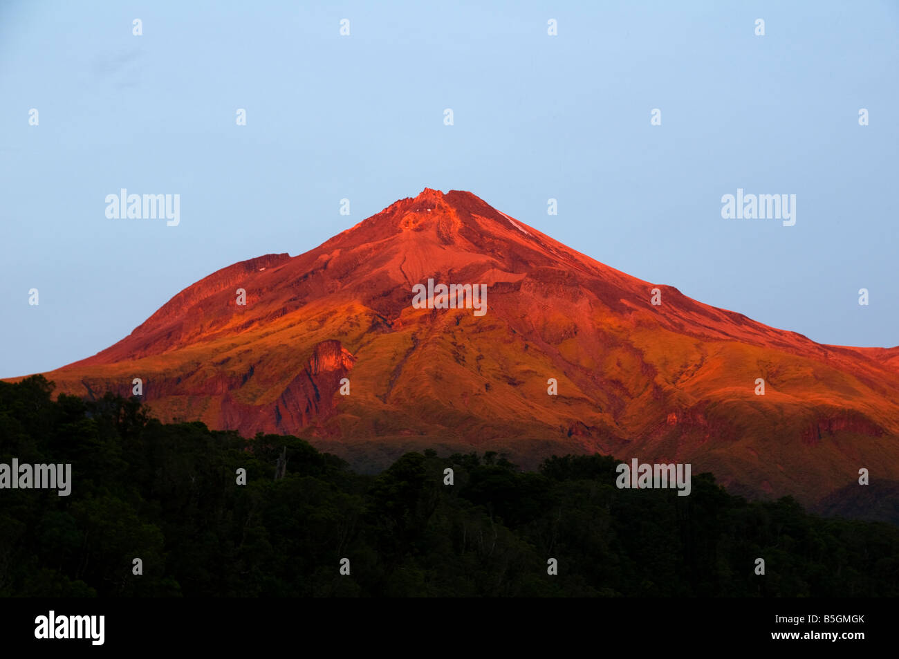 Mount Taranaki al tramonto dalla gola Waiaua capanna, intorno al circuito di montagna, Egmont National Park, North Island, Nuova Zelanda Foto Stock