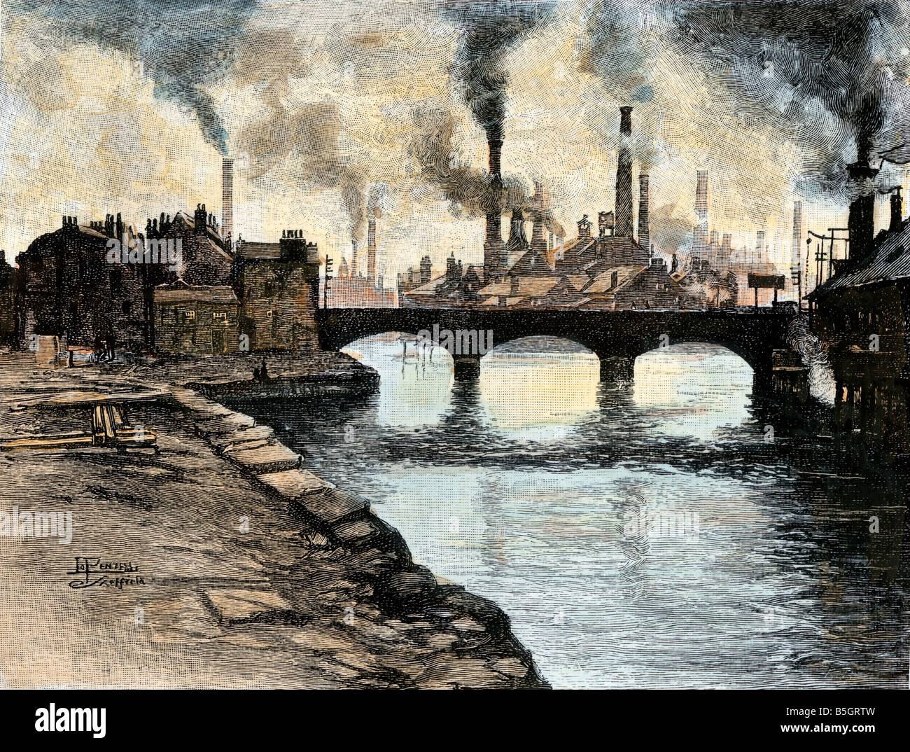 Fumaioli di fabbriche di acciaio in Sheffield Inghilterra 1800s. Colorate a mano la xilografia Foto Stock