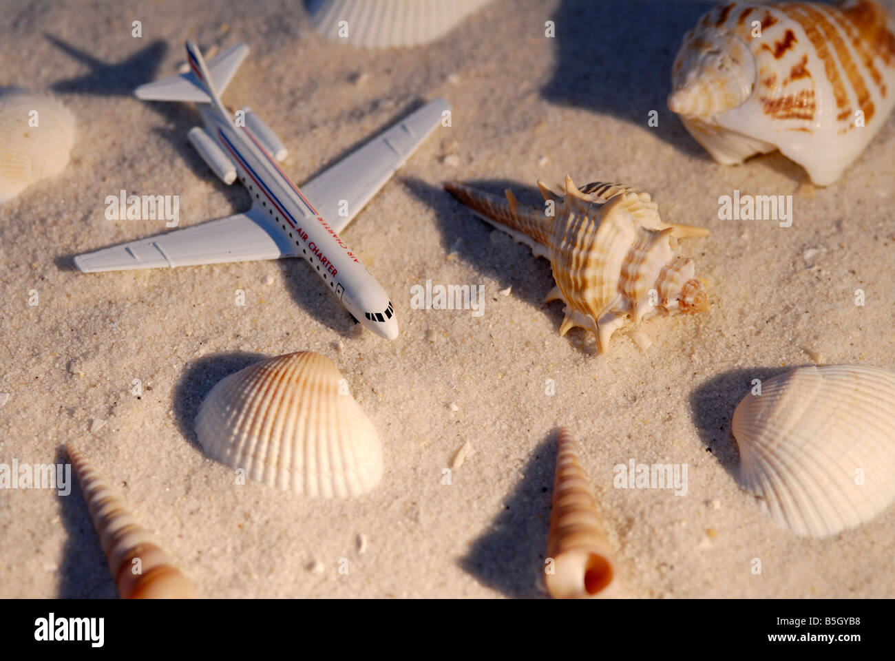 Toy aeromobili e cozze nella sabbia, simbolo per le vacanze e viaggi Foto Stock