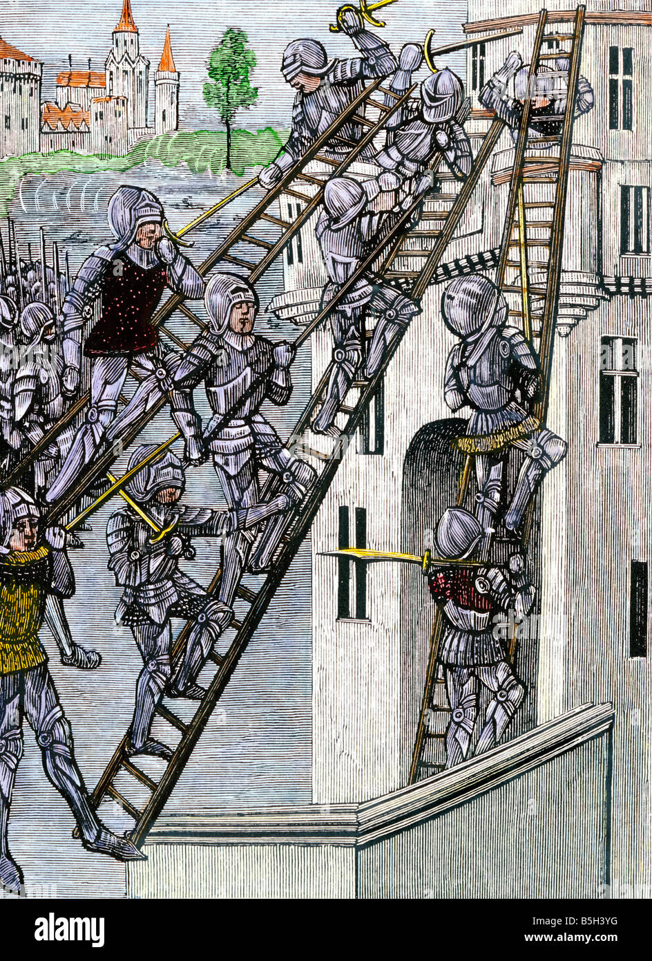 Soldati inglesi scalabilità di una fortezza in Guascogna Francia, cento anni di guerra. Colorate a mano la xilografia Foto Stock