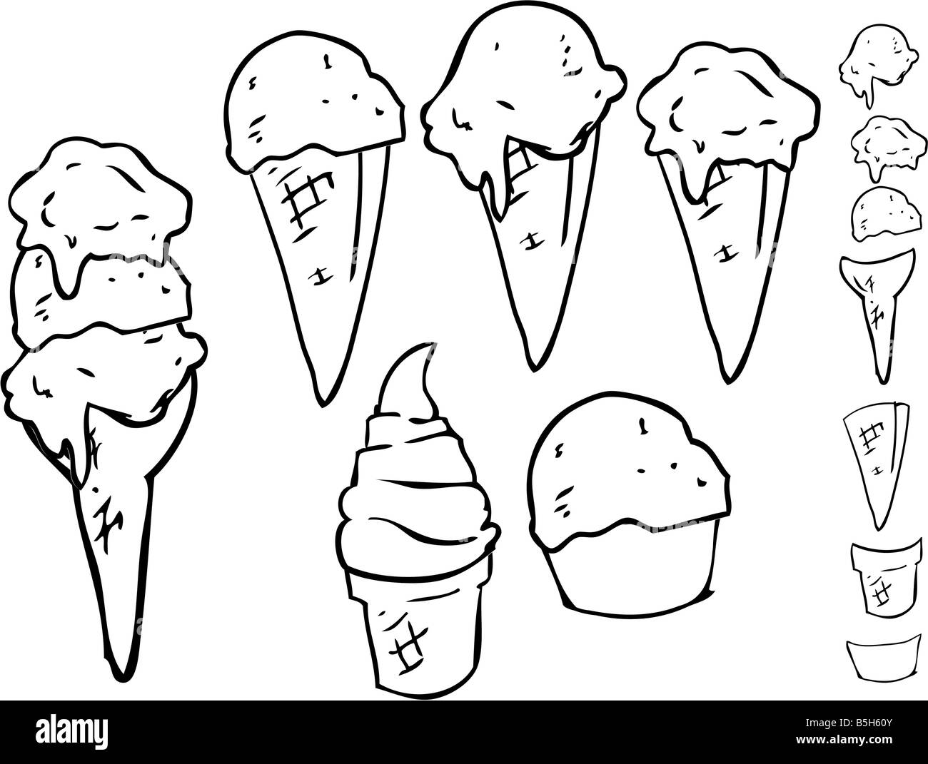 Coni gelato in bianco e nero lineart e combinare diverse rocche e sapori Foto Stock