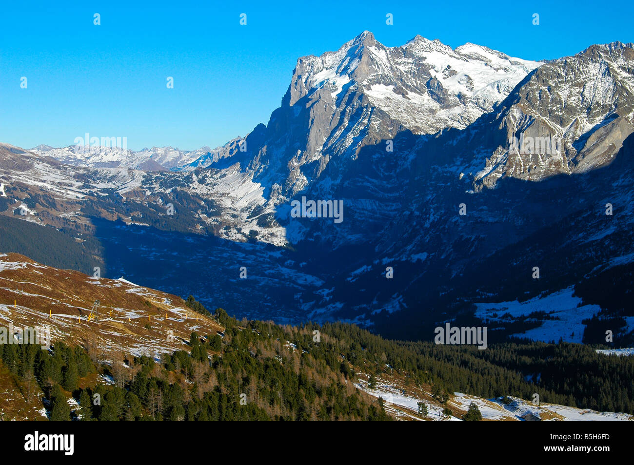 Vista verso la valle di Grindelwald e Mt Wetterhorn, Oberland bernese, Svizzera Foto Stock