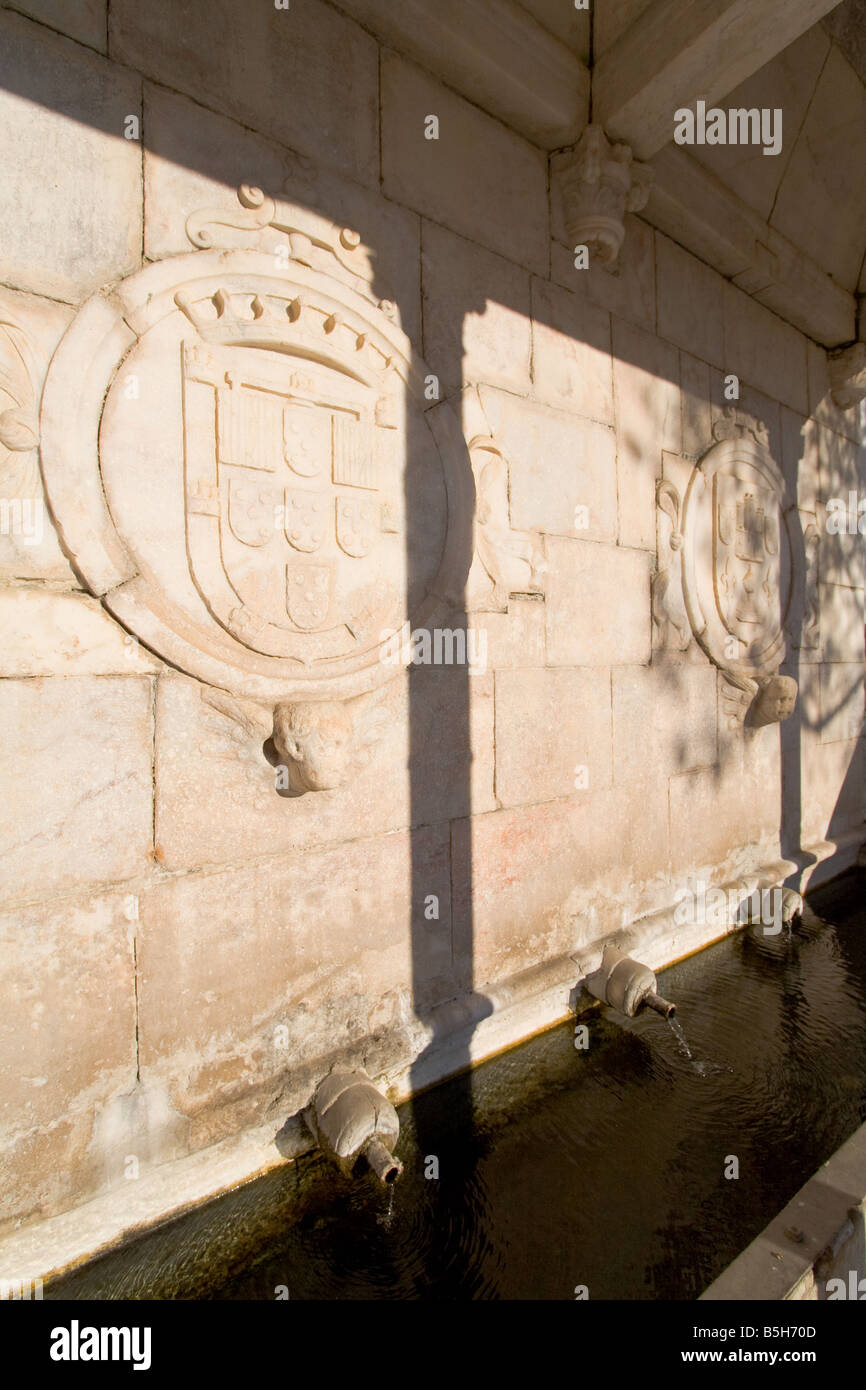 Fontana rinascimentale in Piazza della Repubblica, Alter do Chão, distretto di Portalegre, Portogallo. Dettaglio del portoghese stemma. Foto Stock