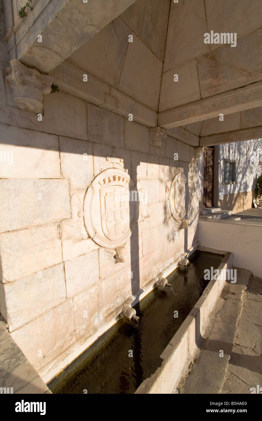 Fontana rinascimentale in Piazza della Repubblica, Alter do Chão, distretto di Portalegre, Portogallo. Dettaglio del portoghese stemma. Foto Stock