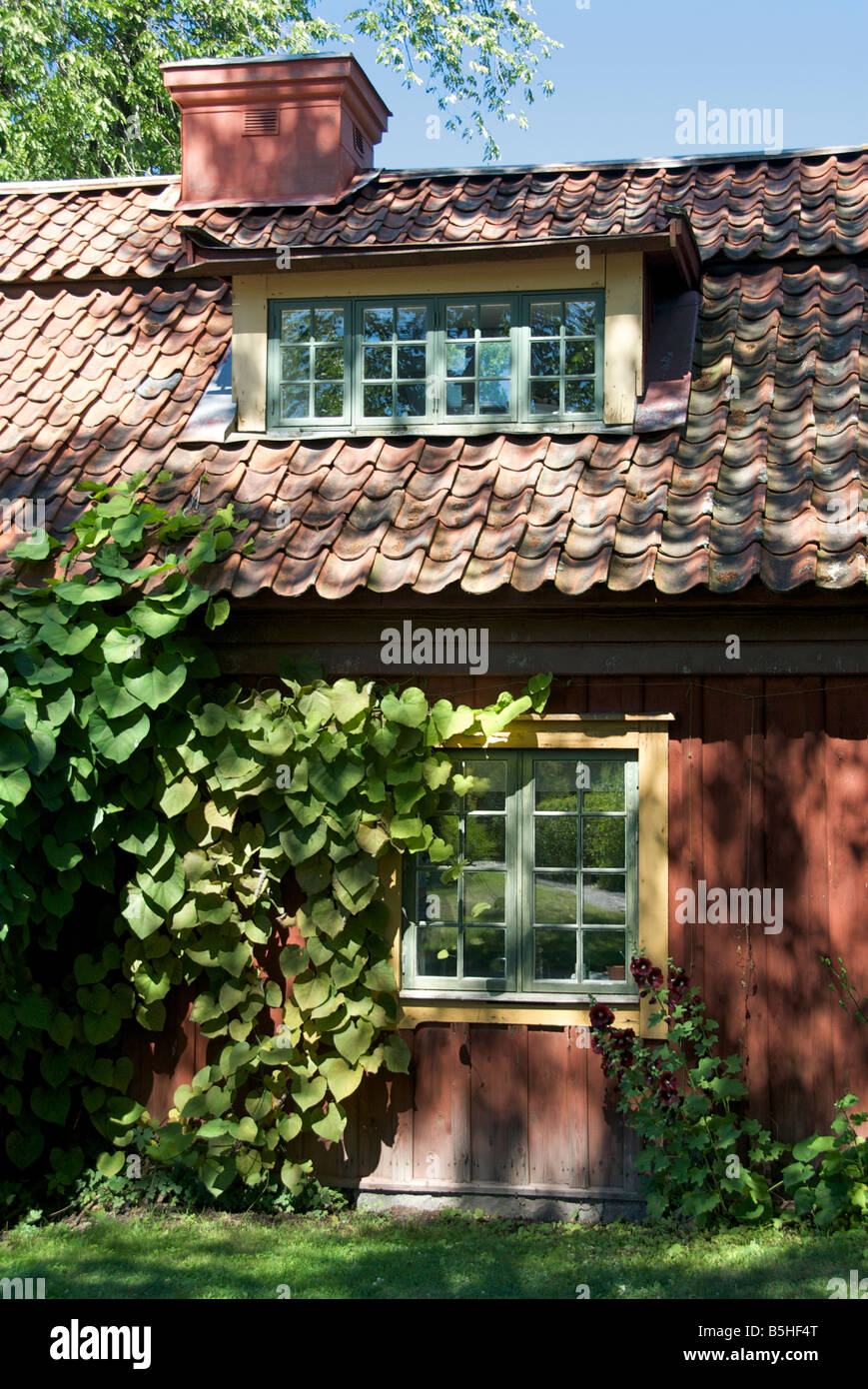 Dettaglio vecchio legno casa Djurgarden Skansen Stoccolma Svezia Foto Stock