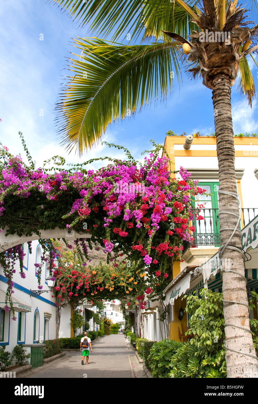 GRAN CANARIA FIORI TRANQUILLA passerella con Bougainvillea e singolo turista maschile nel resort di lusso di Puerto de Mogan, Gran Canaria, Isole Canarie, Spagna Foto Stock
