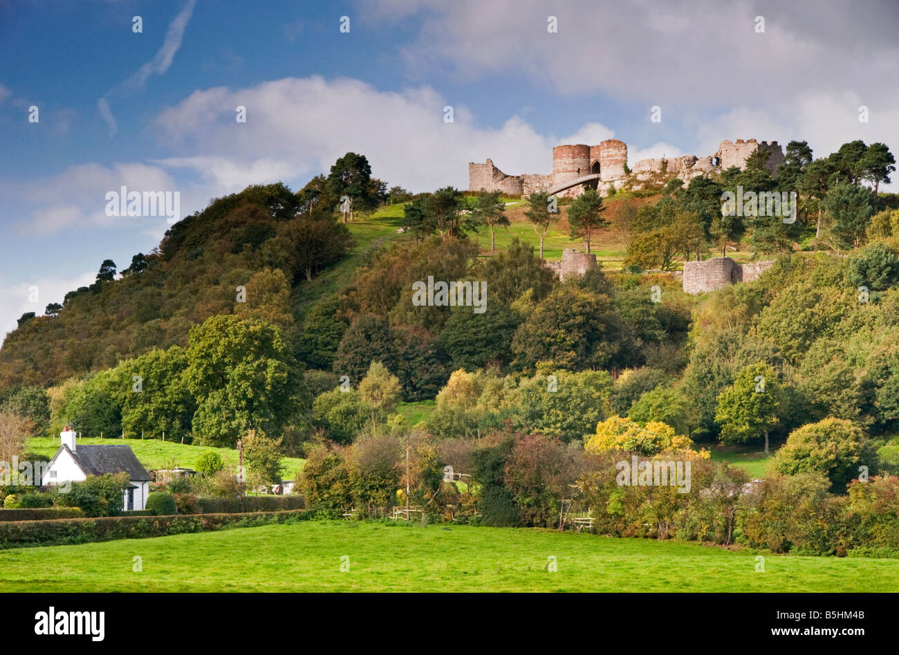 Beeston Castle e Cottage bianco, Beeston, Cheshire, Inghilterra, Regno Unito Foto Stock
