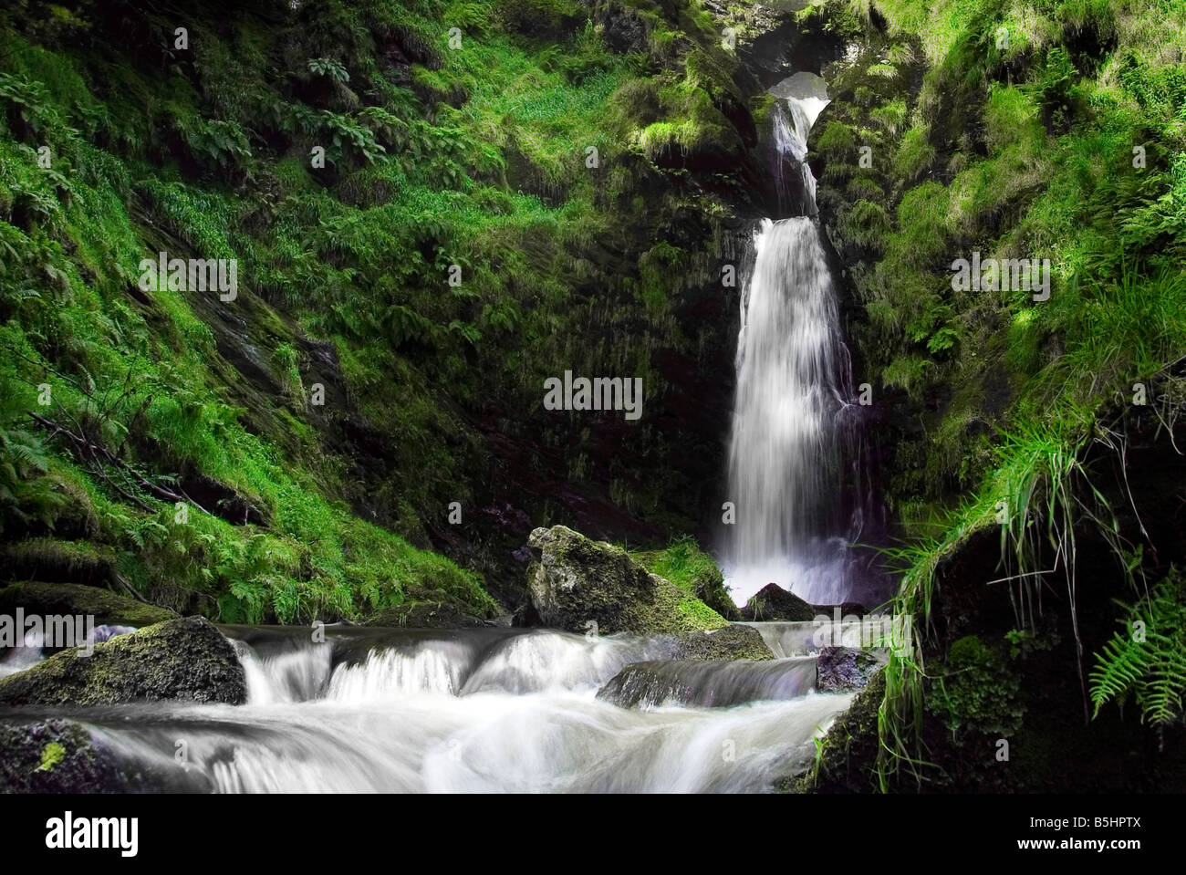 Cascata, Pistyll Rhaeadr, Galles, esposizione a lungo dopo le piogge con moss sulle rocce Foto Stock