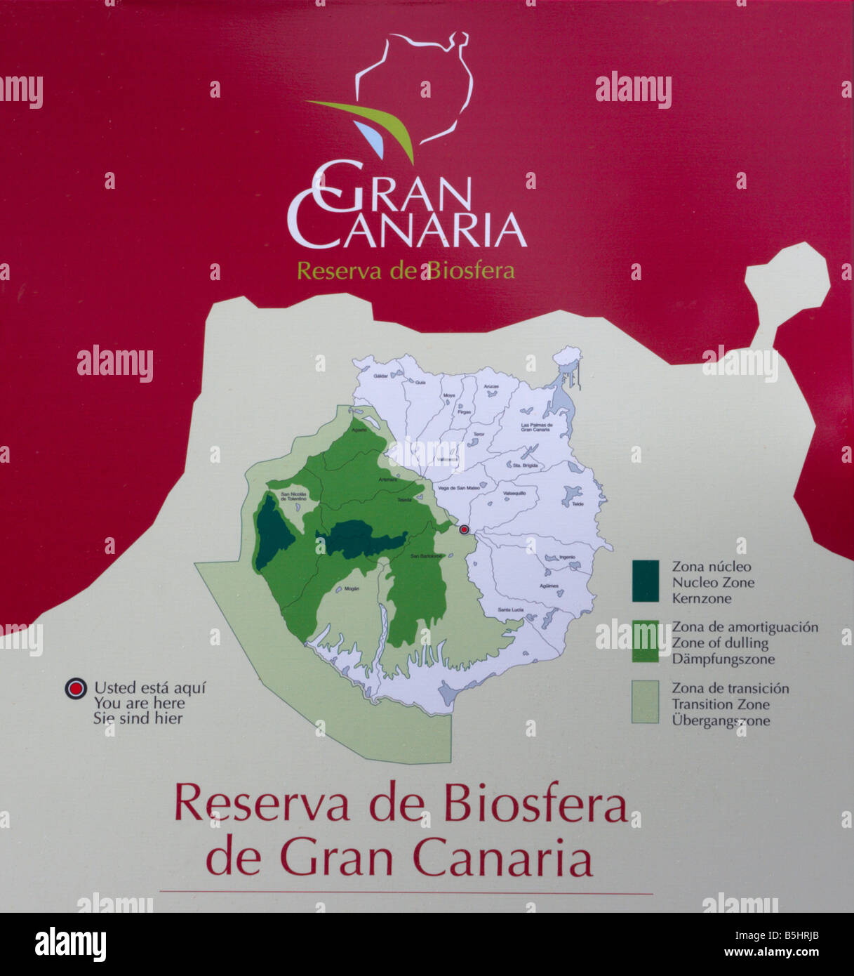 Mappa che mostra l'UNESCO Riserva della biosfera area di Gran Canaria nelle Isole Canarie Foto Stock