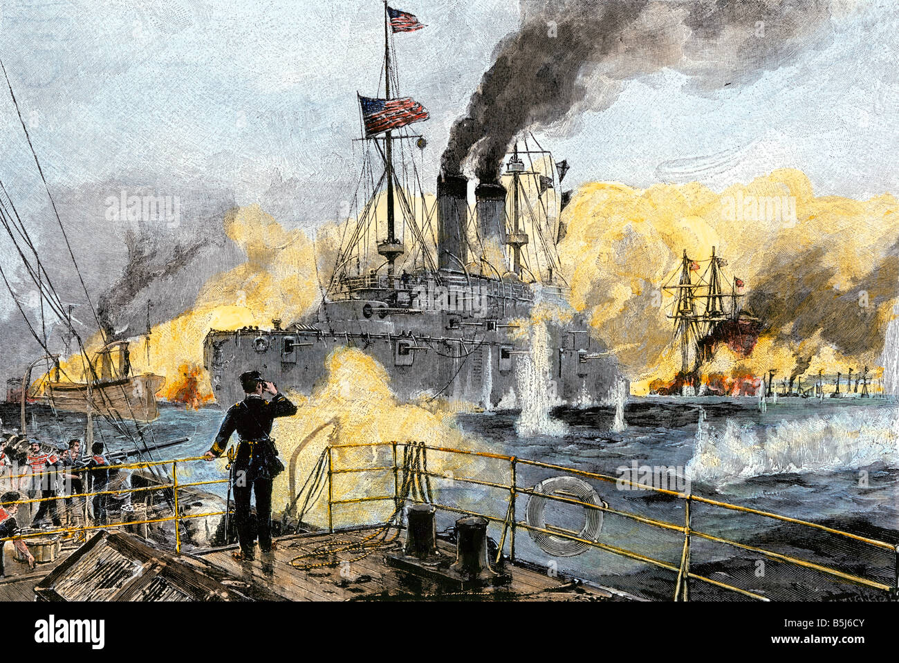 Ammiraglio George Dewey sta comandando la flotta US nella battaglia della Baia di Manila guerra ispano-americana del 1898. Colorate a mano la xilografia Foto Stock