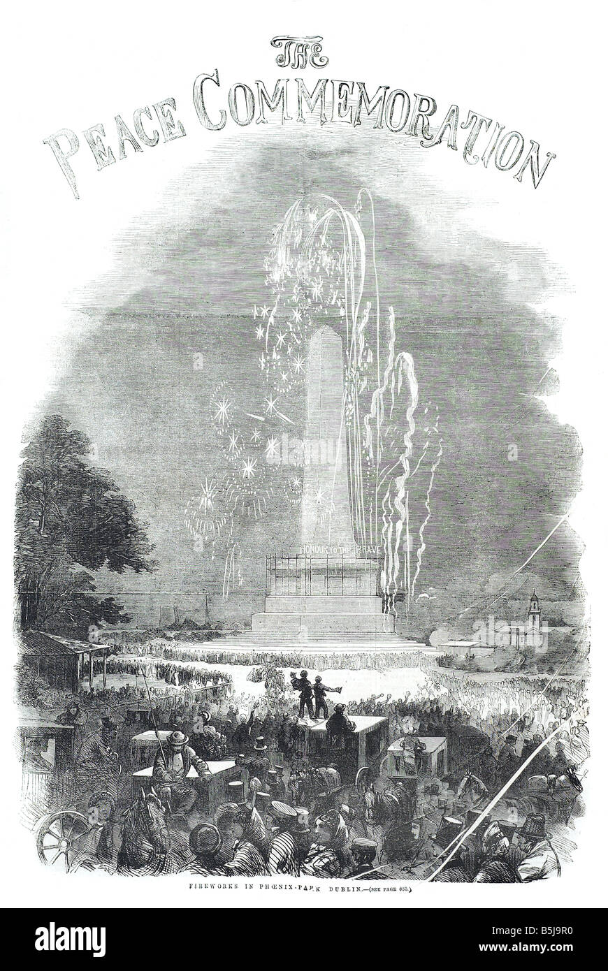 La commemorazione fuochi d'artificio in Phoenix Park di Dublino 7 Giugno 1856 Il Illustrated London News pagina 633 Foto Stock
