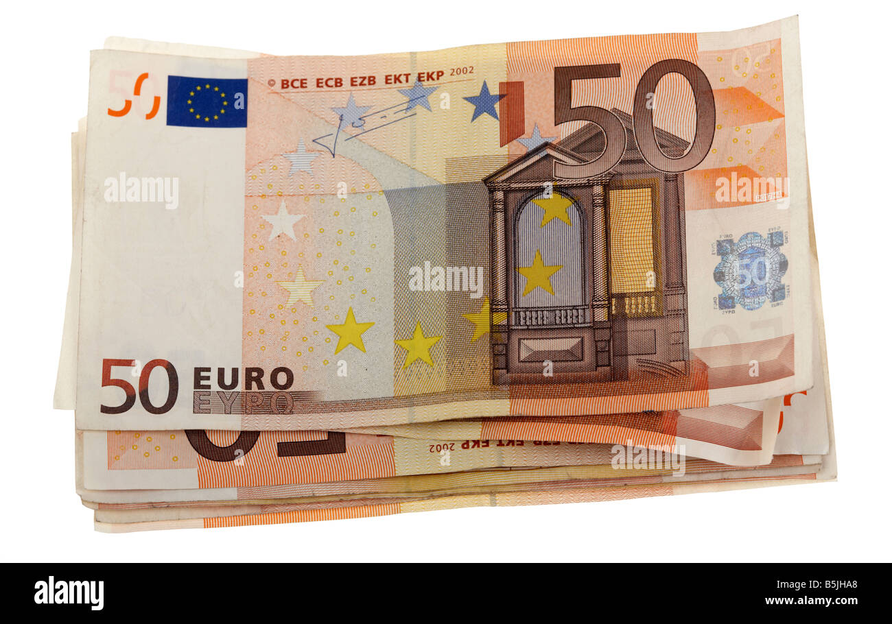 Pila di 50 banconote in euro cash Foto Stock