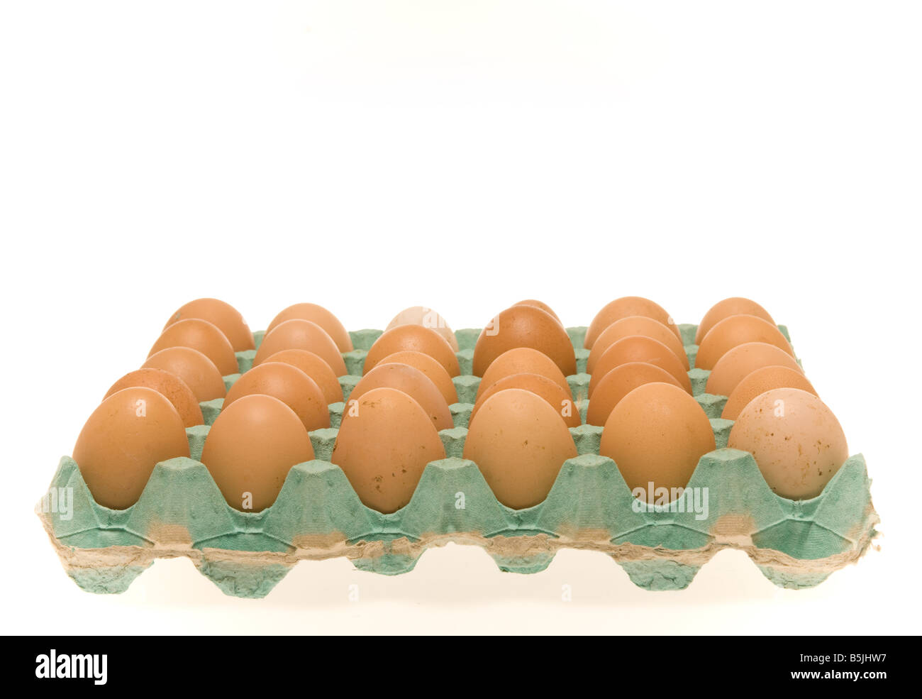 Rosolare le uova di gallina in un vassoio di cartone verde su fondo bianco. Foto Stock