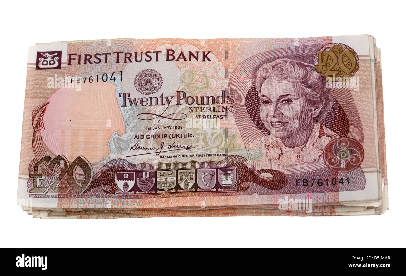 pile 20 sterline sterline l'irlanda del nord ha emesso ex prima banca fiducia banconote contanti Foto Stock