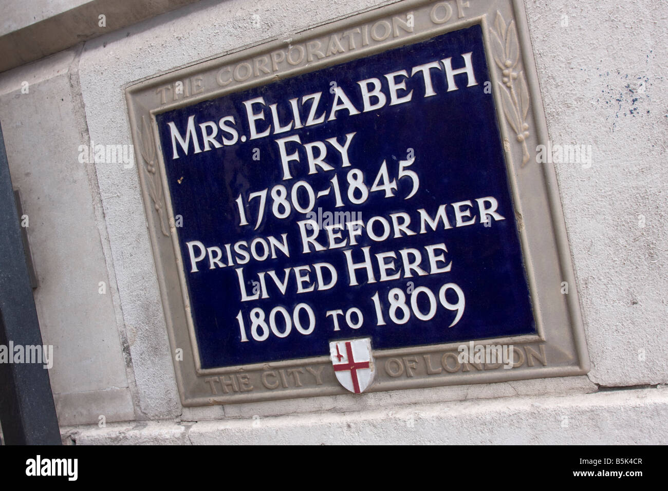 La signora Elizabeth Fry 1780-1845 prigione riformatore vissuto qui 1800-1809 City of London targa blu Foto Stock