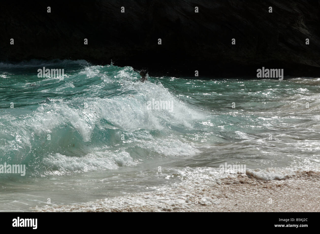 Un nuotatore solitario sfidando heavy surf in spiaggia Stonehole, Bermuda Foto Stock