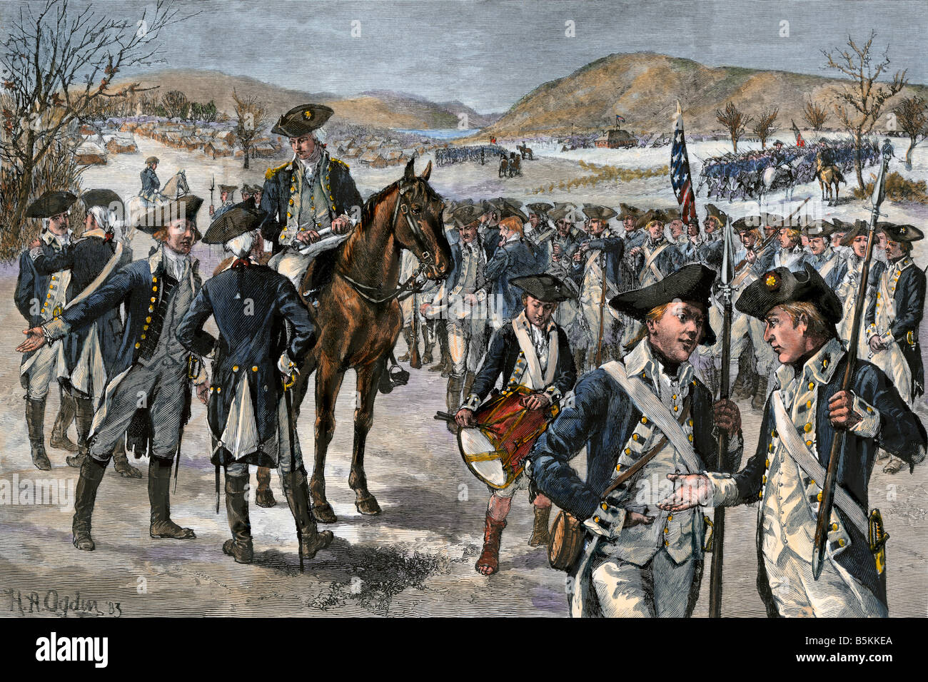 Esercito continentale lo scioglimento a Windsor Nuovo New York alla fine della guerra rivoluzionaria Novembre 1783. Colorate a mano la xilografia Foto Stock