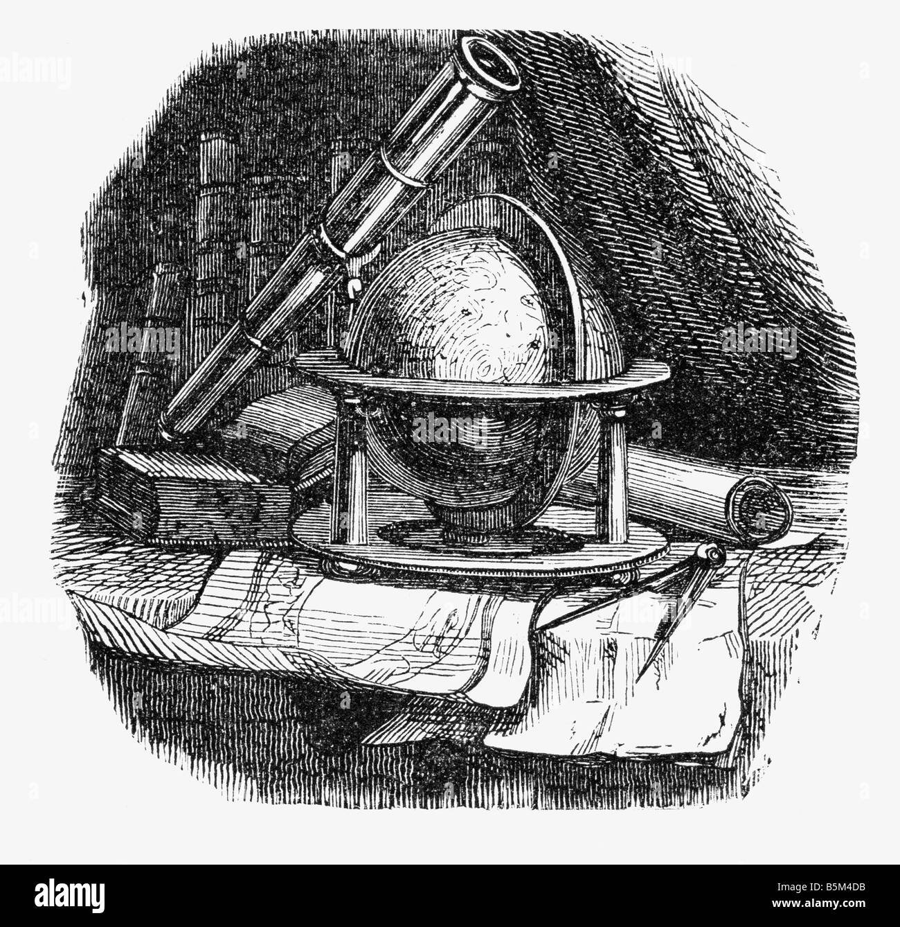 Astronomia, allegorie, telescopio e globo, incisione su legno, 1861, science, allegoria, coppia di bussole, mappe, secolo XIX, hist Foto Stock