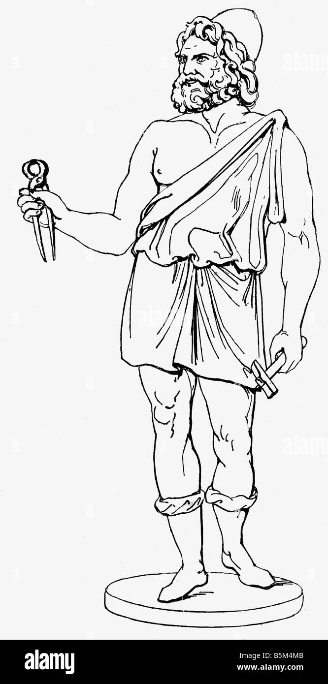Hephaistos (lat. Vulcanus), divinità greca del fuoco, patrono degli artigiani, fabbro, disegnando dopo la statua antica, Foto Stock